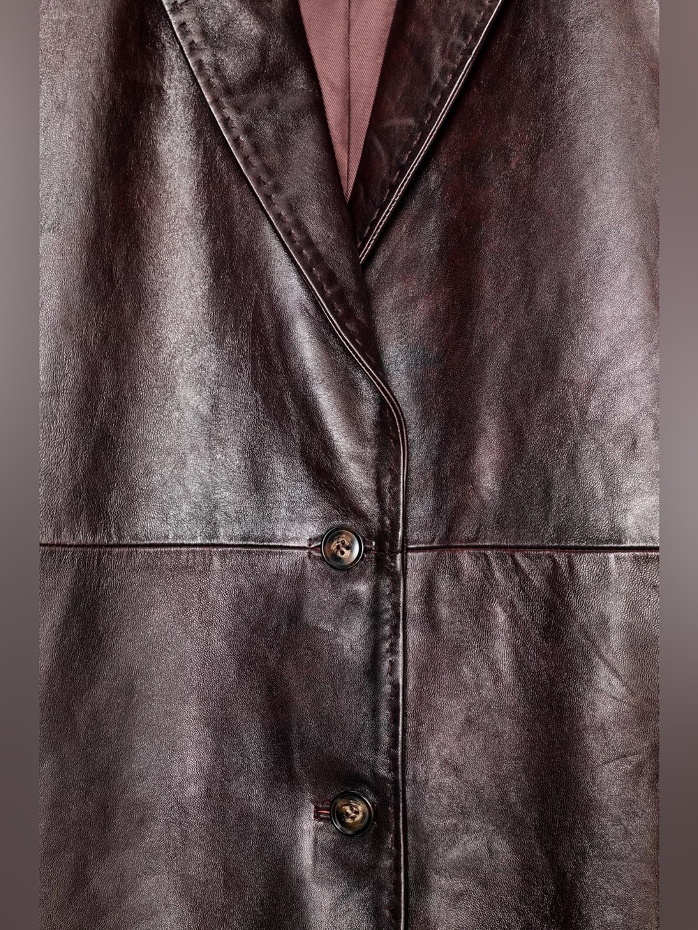 Zara 100% Leather Topstitching Coat Jacket Long Sleeves Button Up Lapel Collar - Picture 5 of 16